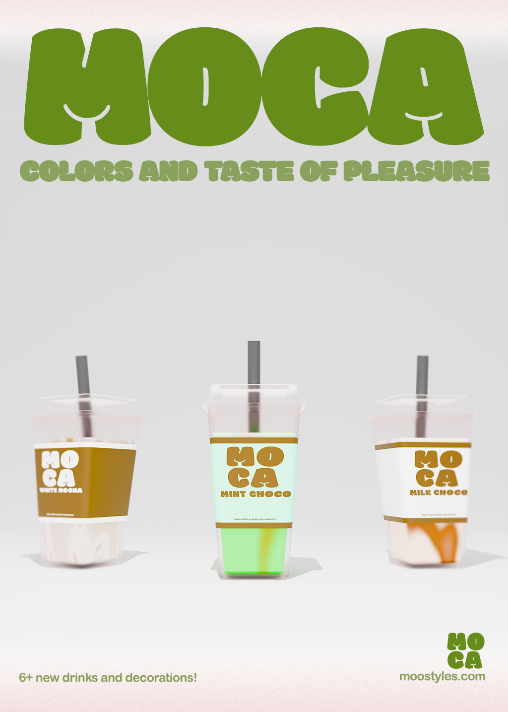 MOCA poster, "Colors and Taste of Pleasure": three branded drink cups in White Mocha, Mint Choco and Milk Choco flavors